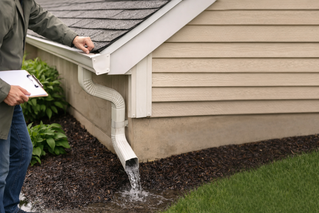 Homeowner checking gutters and downspouts to prevent water damage to a house