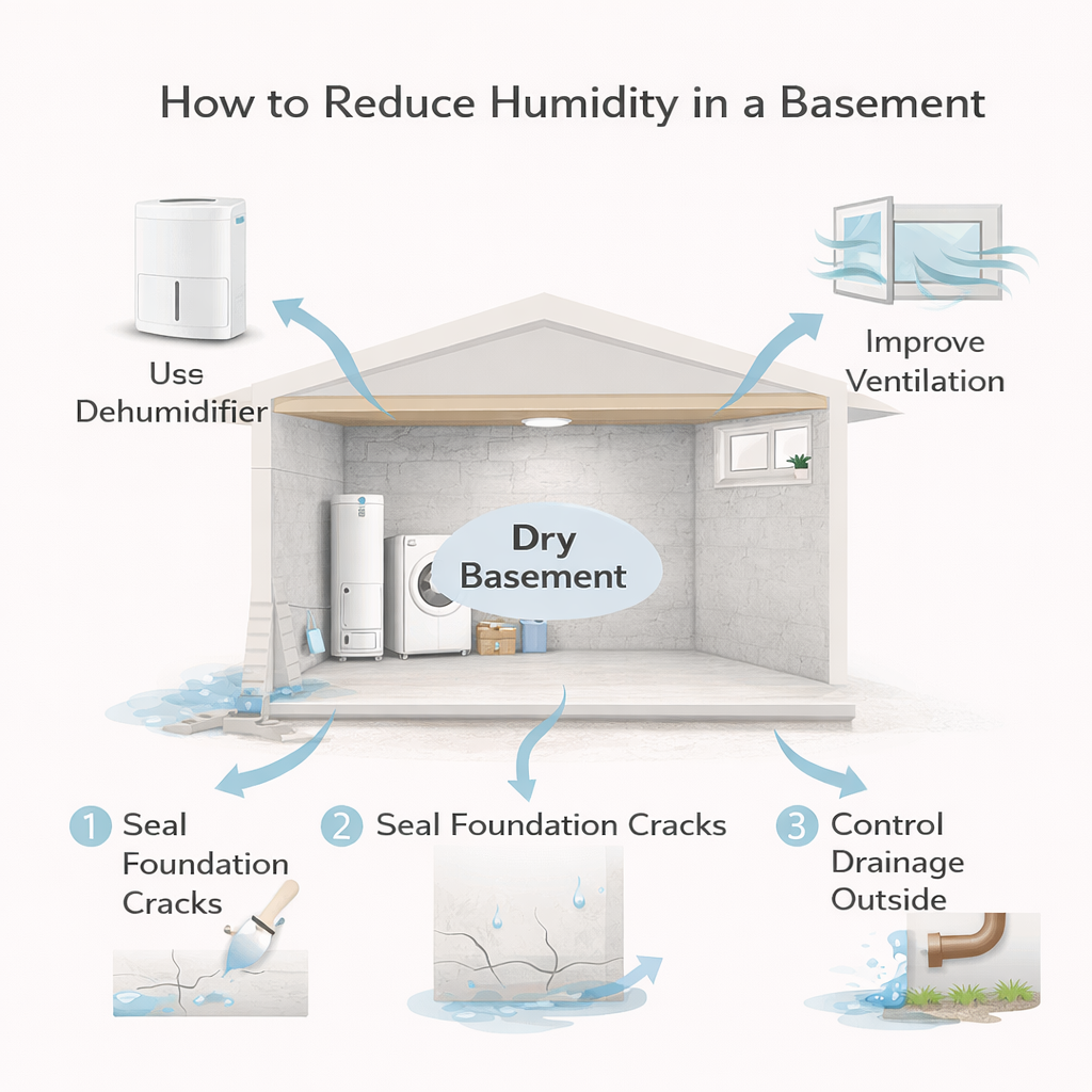 diagram showing how to reduce humidity in a basement