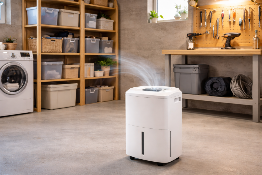 dehumidifier reducing humidity in basement