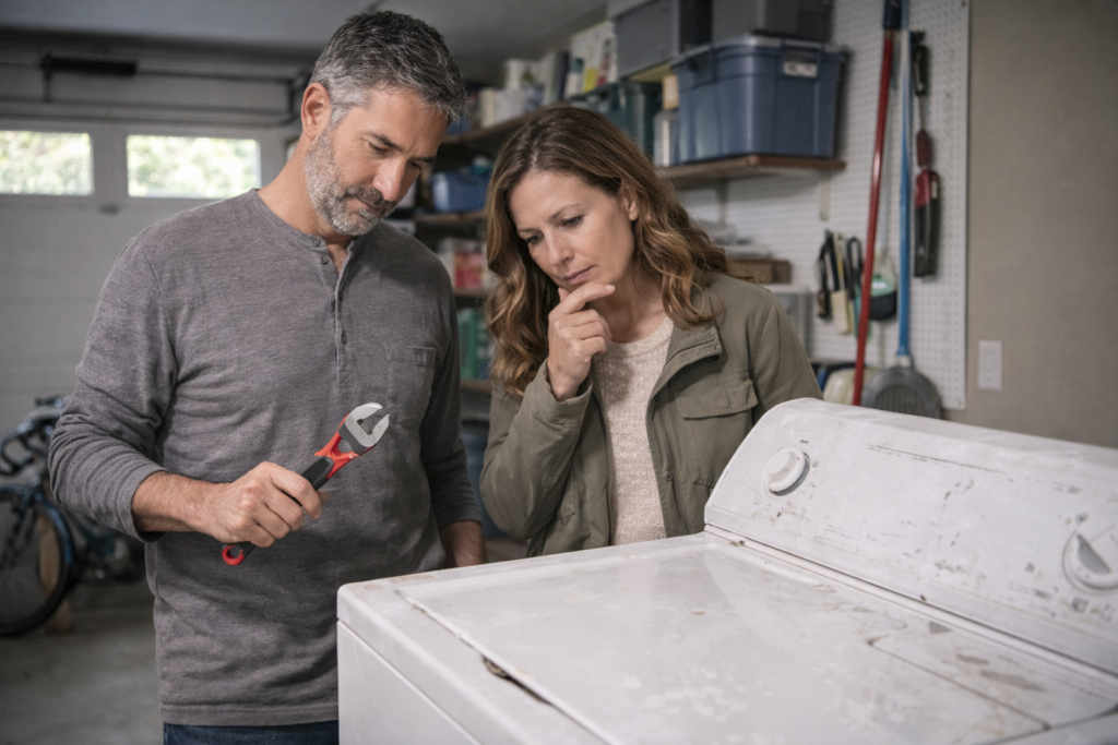 Homeowner deciding whether to repair or replace a household item.