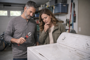 Homeowner deciding whether to repair or replace a household item.