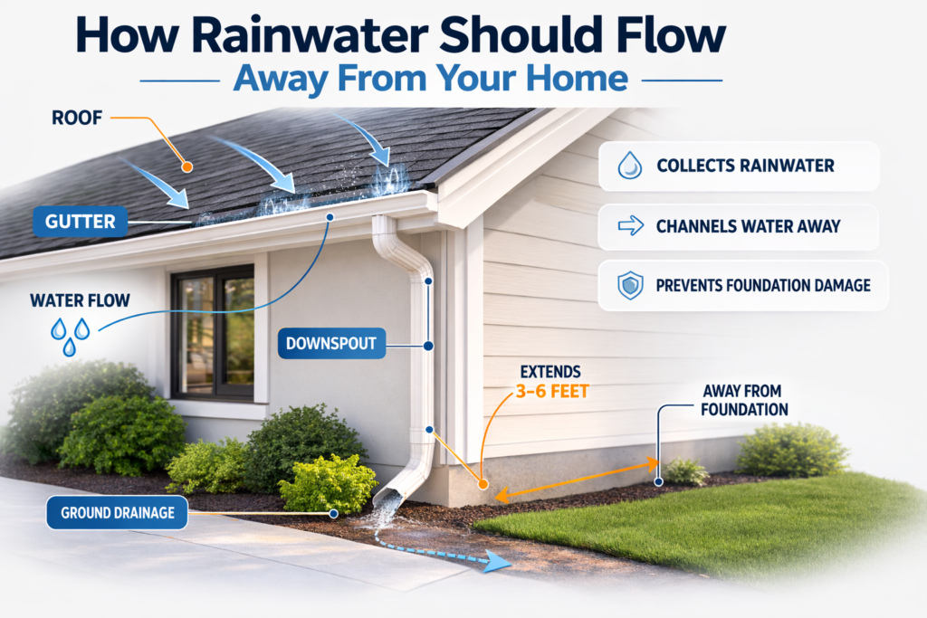 Diagram showing rainwater flowing from a roof into gutters and downspouts to direct water away from a house
