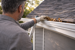 Homeowner cleaning leaves from gutters during seasonal home maintenance.