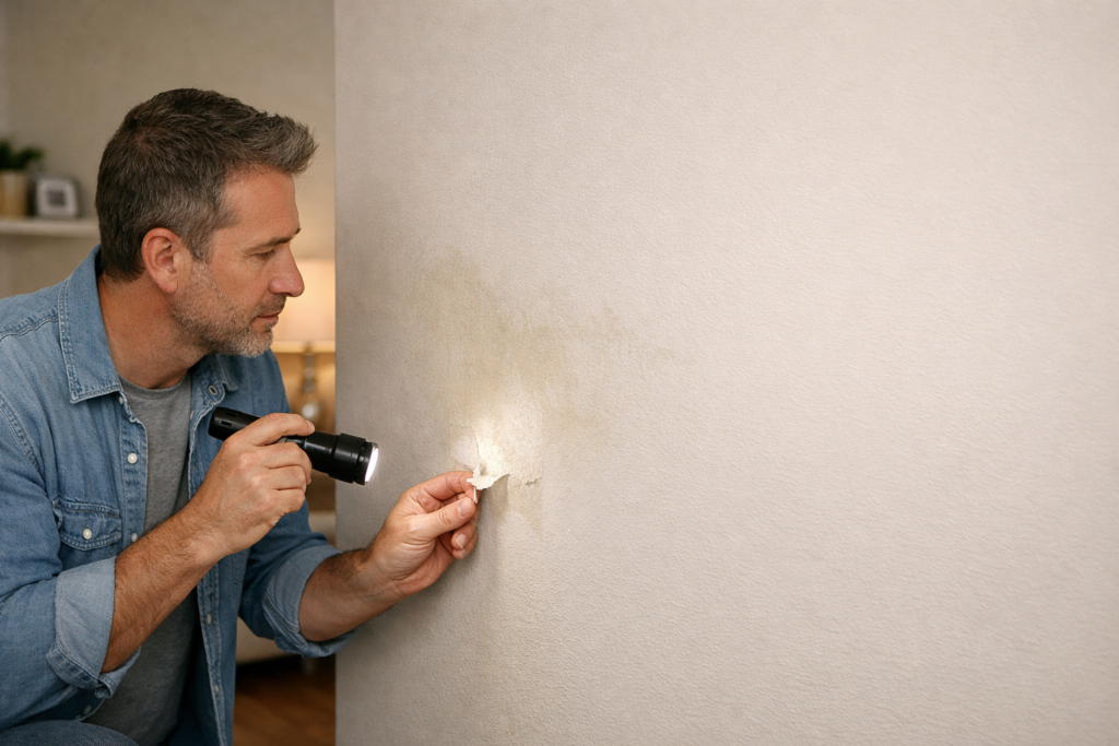 Homeowner inspecting wall with water stain and peeling paint as signs of hidden water damage
