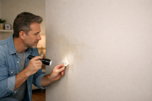 Homeowner inspecting wall with water stain and peeling paint as signs of hidden water damage