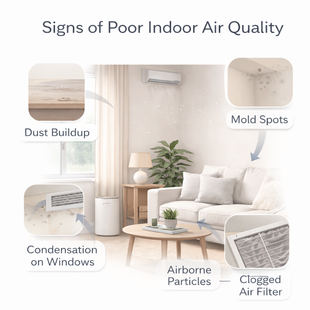 diagram showing common signs of poor indoor air quality inside a home