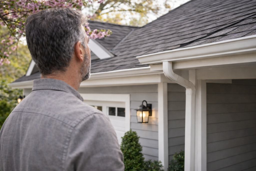 Homeowner inspecting roof and gutters during spring home maintenance.