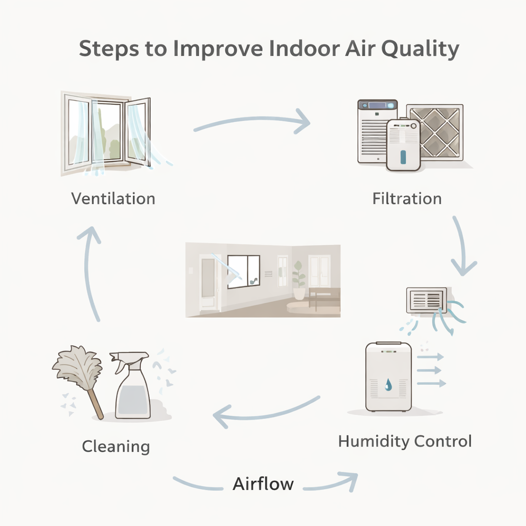 diagram showing steps to improve indoor air quality in a home