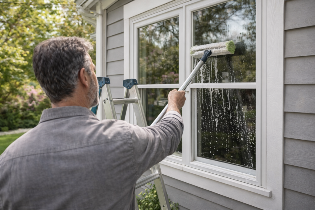 Homeowner washing exterior windows during summer home maintenance.