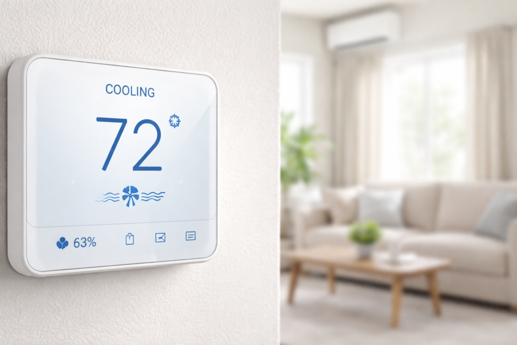 thermostat showing air conditioning running but humidity still high