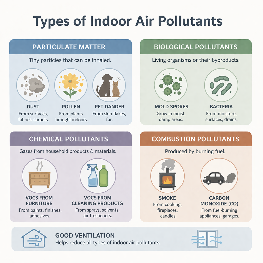 diagram showing different types of indoor air pollutants including dust, mold, and chemical emissions