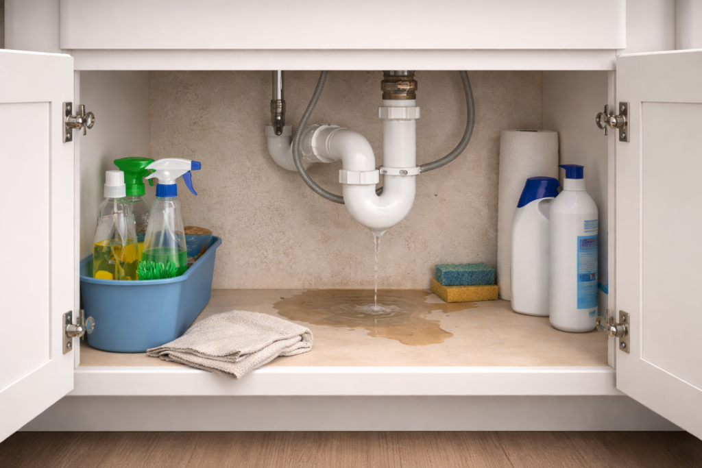 Plumbing leak under kitchen sink cabinet