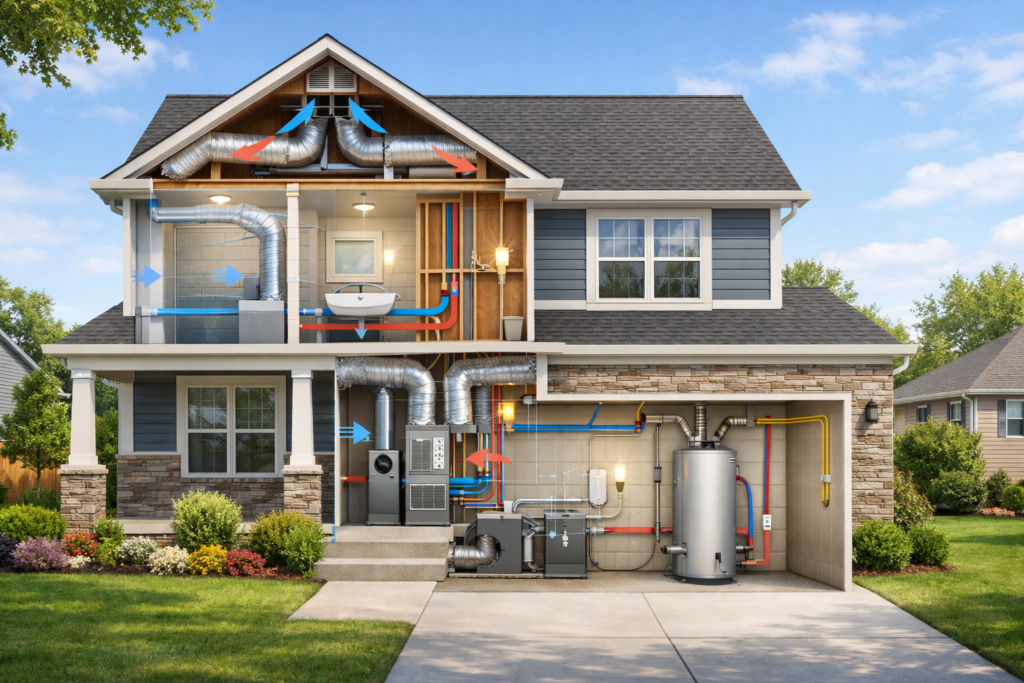 Illustration of major home systems including HVAC, plumbing, electrical wiring, roofing, and drainage