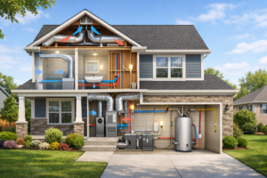 Illustration of a house showing major home systems including HVAC, plumbing, electrical wiring, and roof ventilation