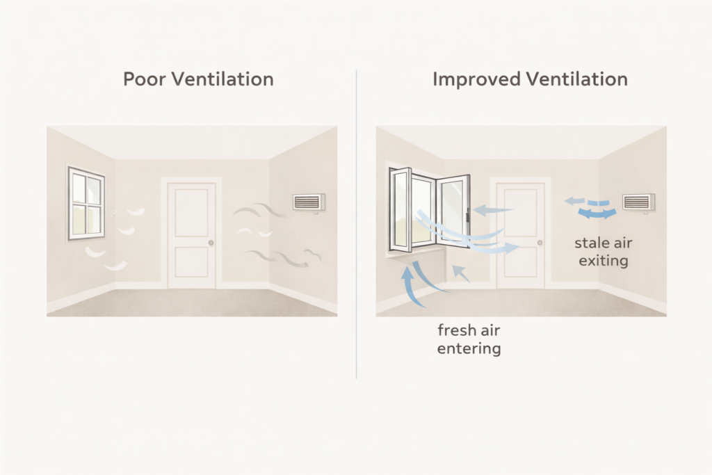 diagram comparing poor ventilation and improved airflow in a home