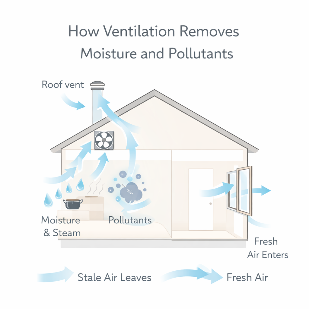 diagram showing ventilation removing moisture and indoor pollutants