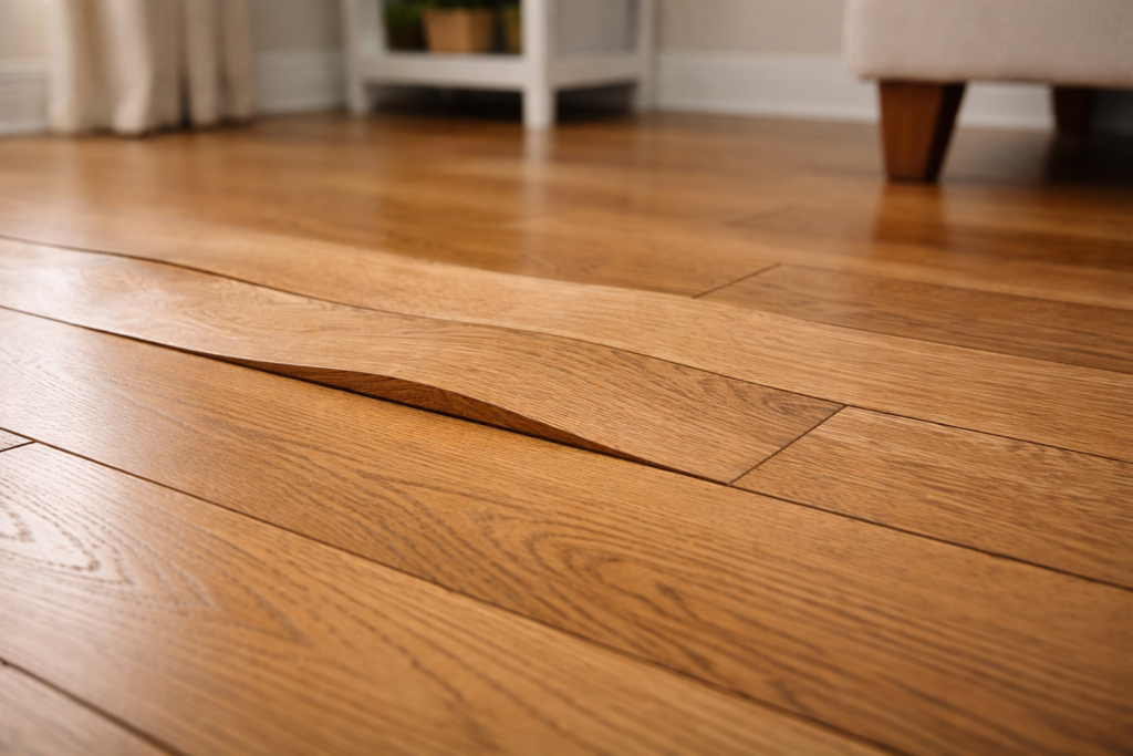 Warped wooden flooring caused by moisture damage underneath the floor