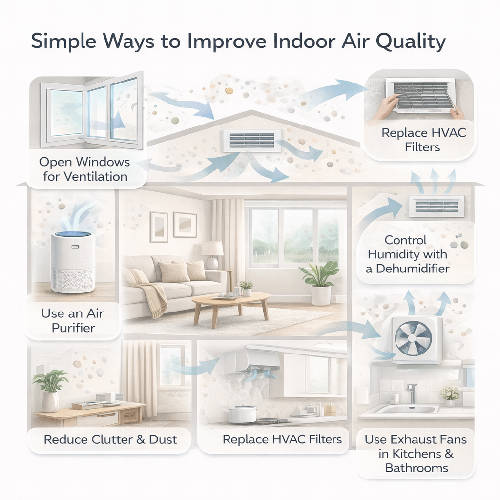 diagram showing simple ways to improve indoor air quality in a home