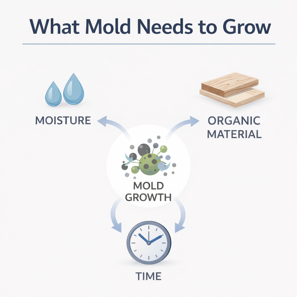 Diagram showing moisture organic material and time leading to mold growth