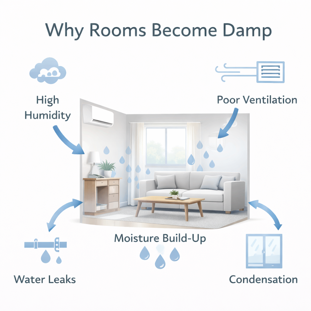 diagram showing causes of damp room conditions