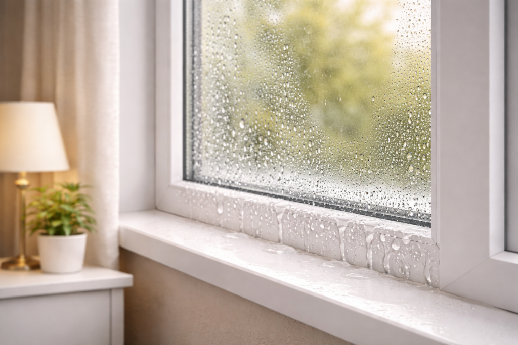 Condensation forming on interior window glass