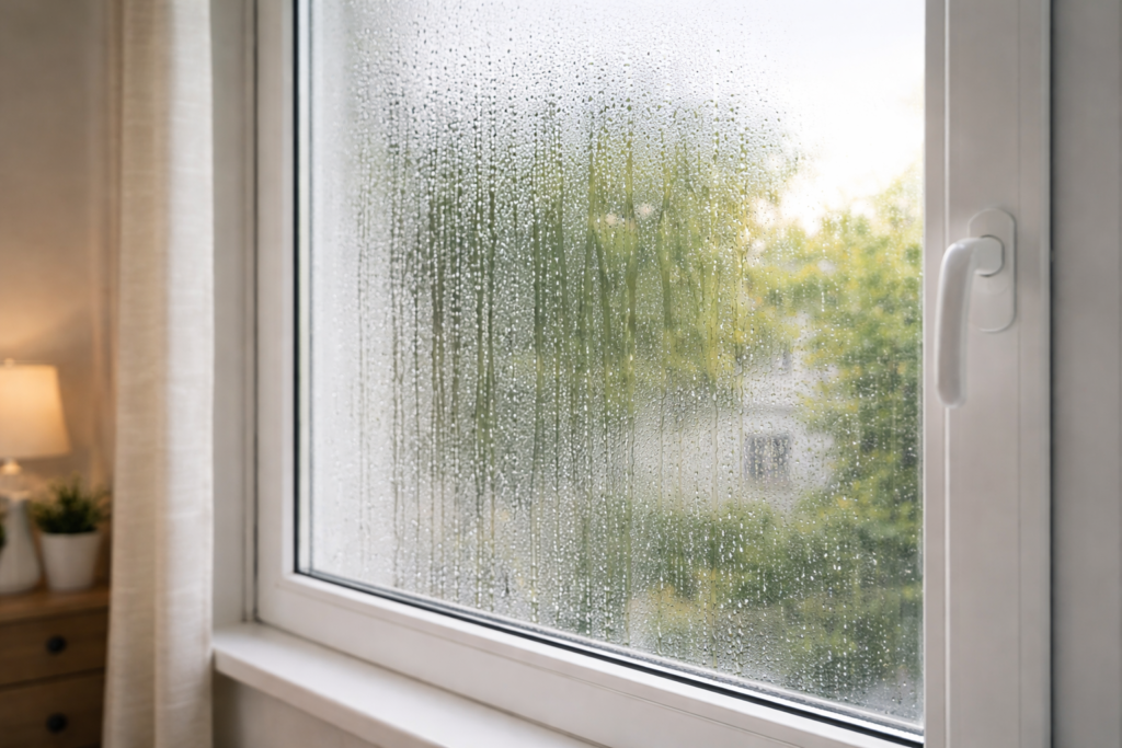 condensation forming on window glass