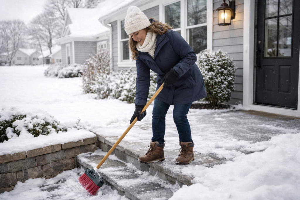 Homeowner clearing snow from steps during winter home maintenance.