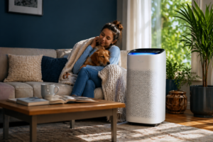 Air purifier in a living room helping reduce allergens while a woman relaxes with her dog
