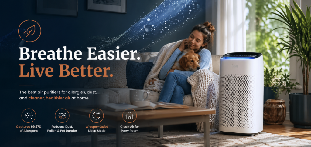 Air purifier in a living room helping reduce allergens while a woman relaxes with her puppy
