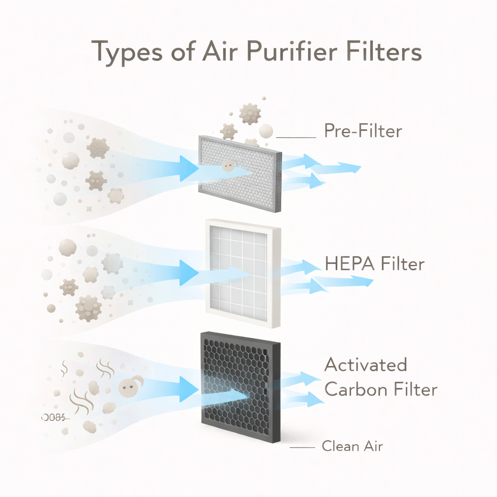 diagram showing different air purifier filters including HEPA and carbon filters