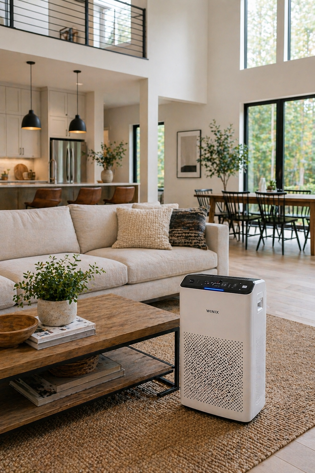 Air purifier in a large open living space improving airflow and air quality