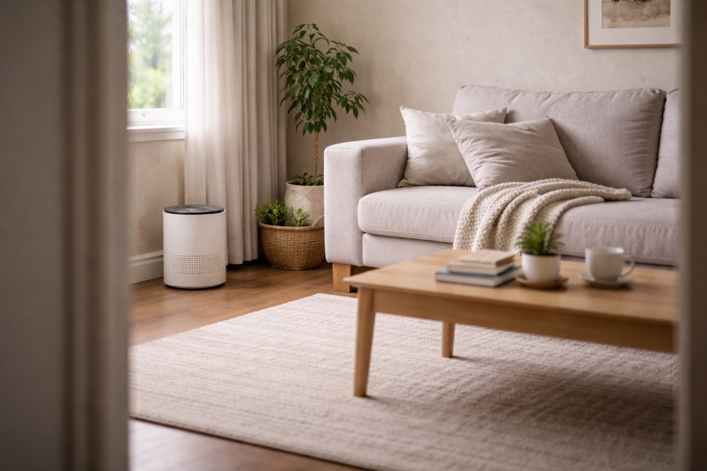 air purifier placed in a living room near a wall during the day