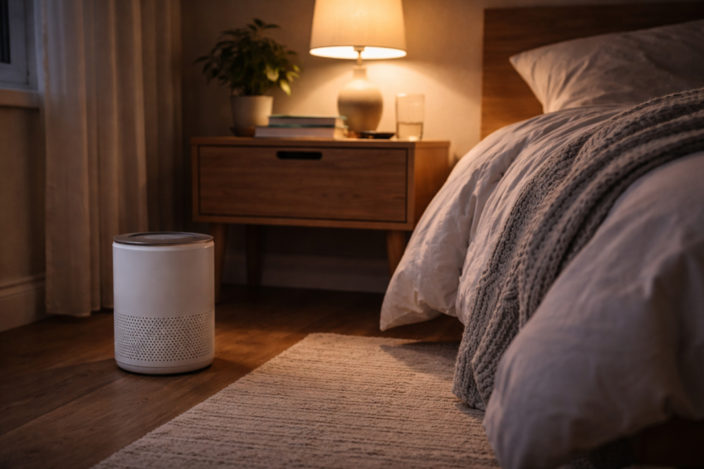 air purifier operating in a bedroom with soft lighting at night