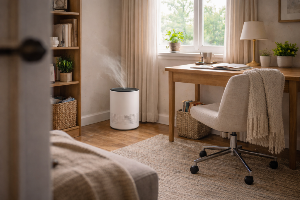 air purifier operating in a home office during the day
