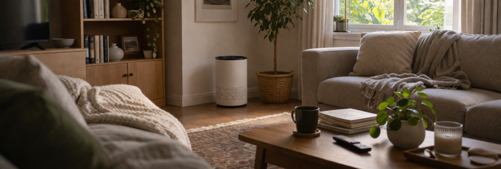 air purifier in a living room with natural light and everyday home setting