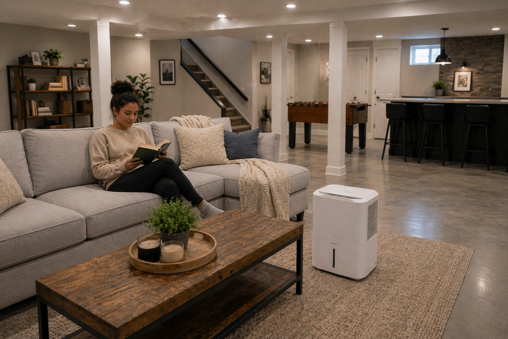 Modern basement with a dehumidifier controlling humidity in a comfortable living space
