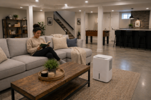 Modern basement with a dehumidifier controlling humidity in a comfortable living space