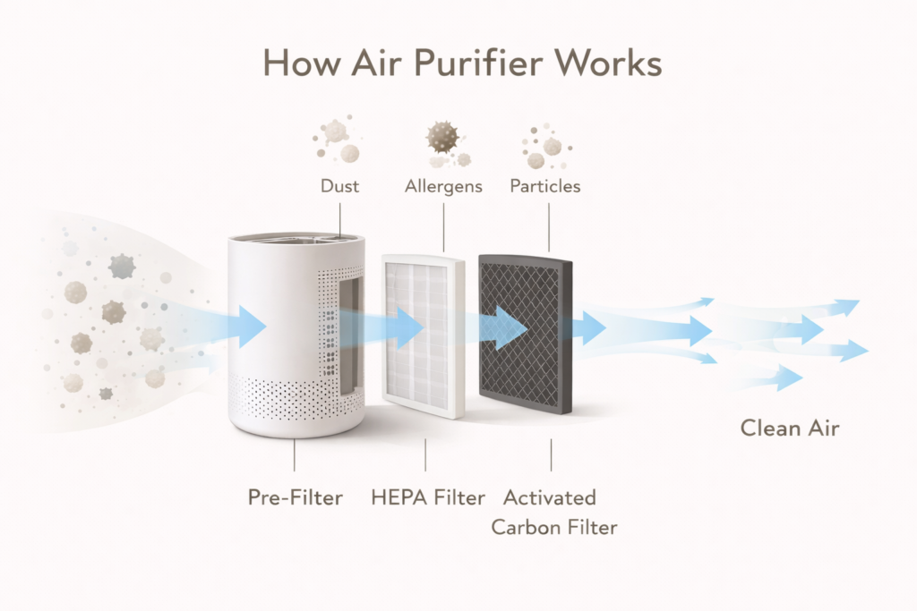 diagram showing how an air purifier pulls in air and filters particles before releasing clean air