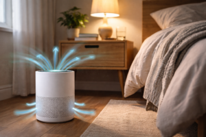 air purifier running in a bedroom near a bed with soft lighting