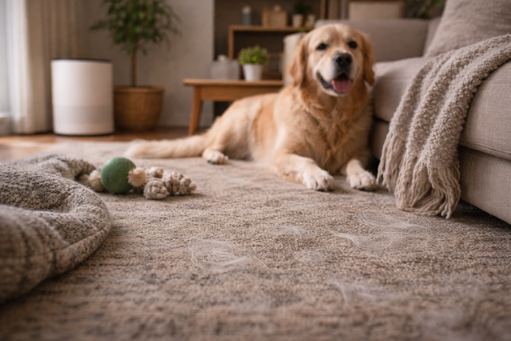 pet hair and dust visible in a living room environment