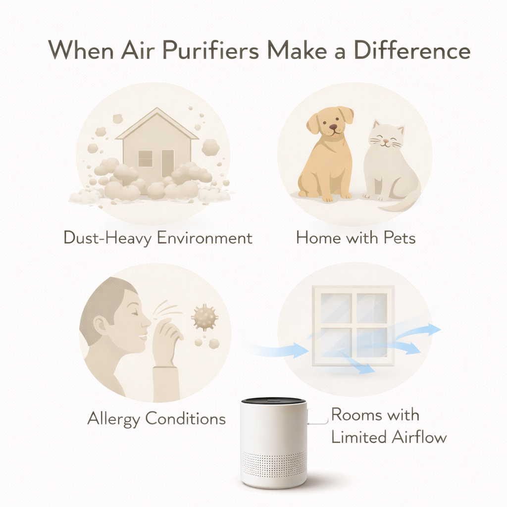 diagram showing situations where air purifiers improve indoor air quality