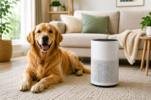 Golden retriever relaxing beside a modern air purifier in a bright living room