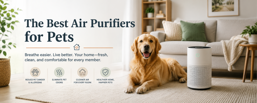 Golden retriever relaxing beside an air purifier in a bright living room designed for cleaner air and pet-friendly comfort