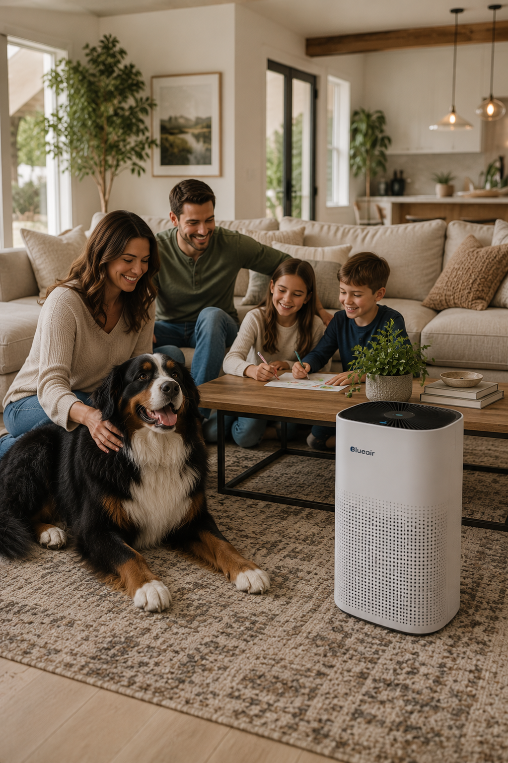 Family relaxing with a large dog beside a Blueair air purifier in a spacious living room