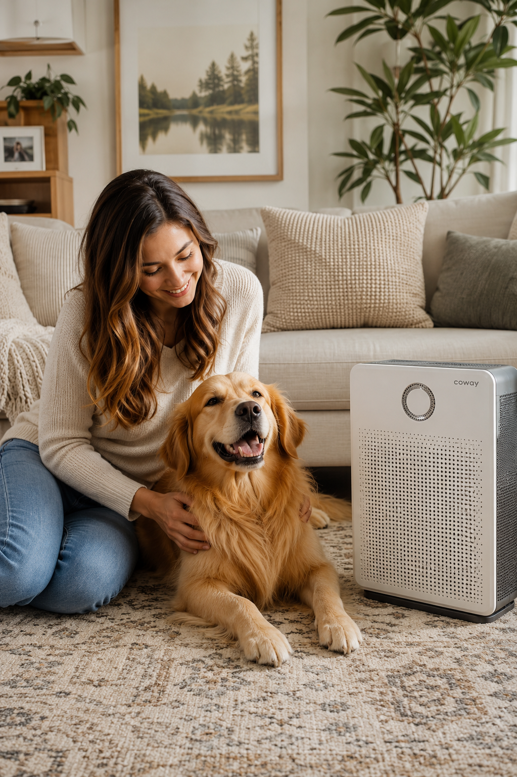 Woman relaxing with a golden retriever beside a Coway air purifier in a cozy living room