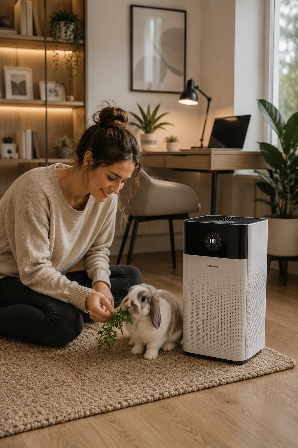 Woman with a rabbit beside a Dreame smart air purifier in a modern home office living space
