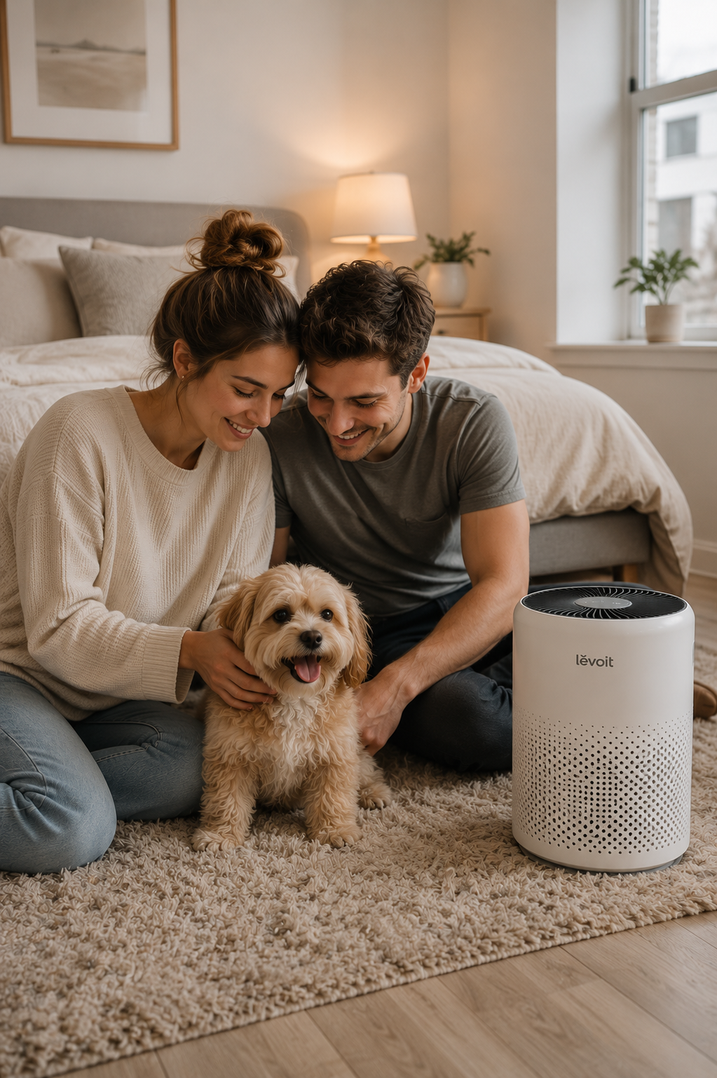 Couple sitting with a small dog beside a compact Levoit air purifier in a bedroom