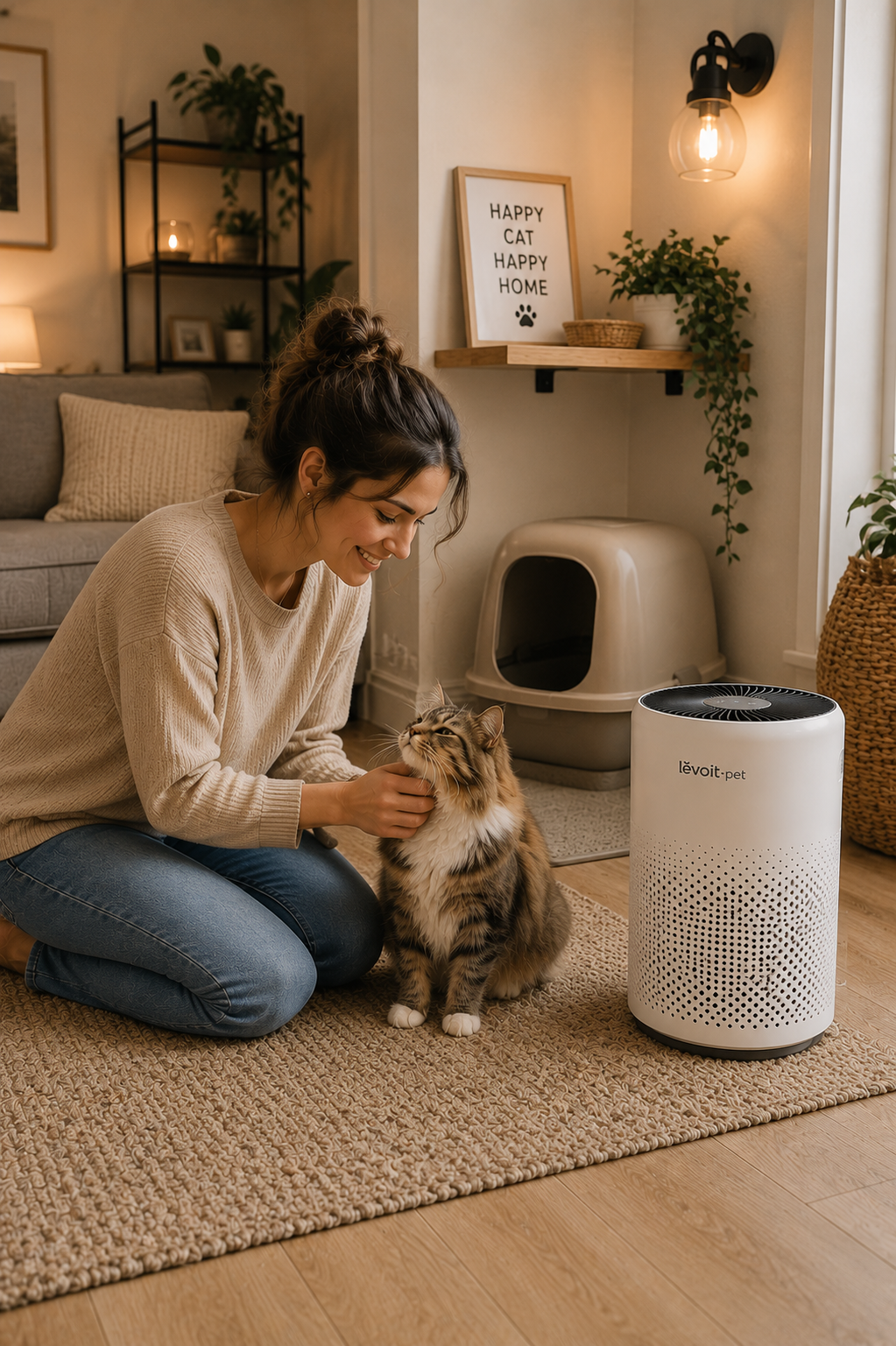 Woman petting a cat beside a Levoit pet air purifier near a litter area in a cozy room