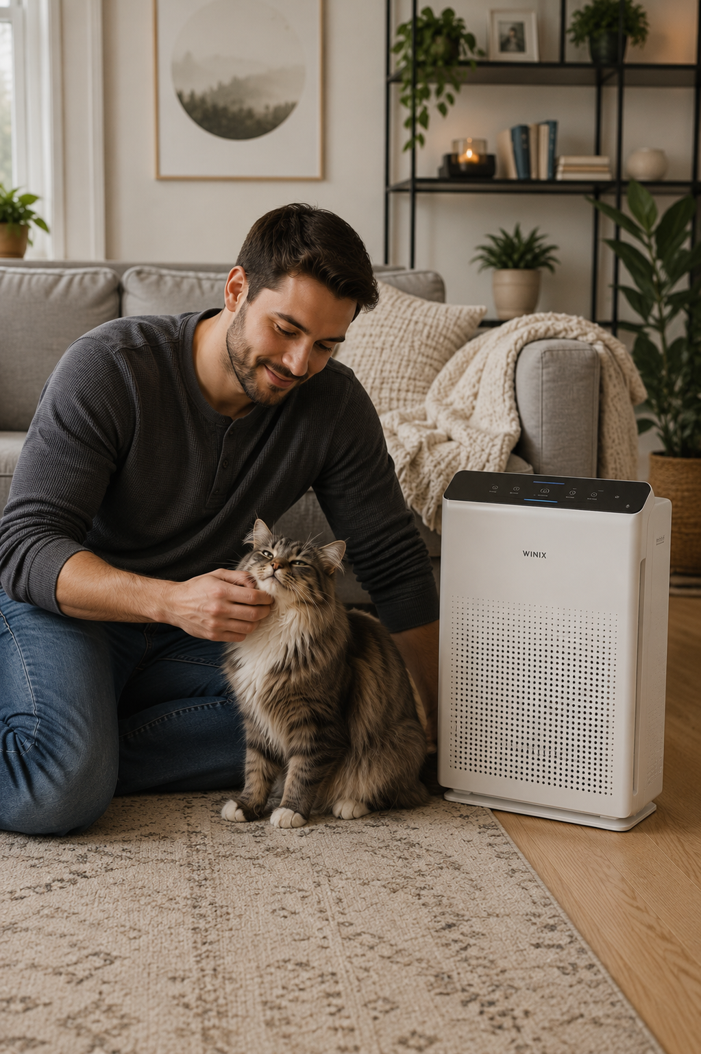 Man sitting with a cat beside a Winix air purifier in a modern living room
