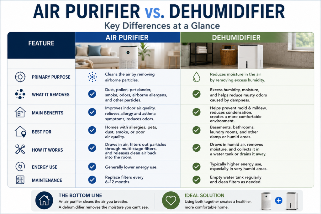 Comparison table showing the key differences between an air purifier and a dehumidifier, including purpose, benefits, maintenance, energy use, and ideal applications.